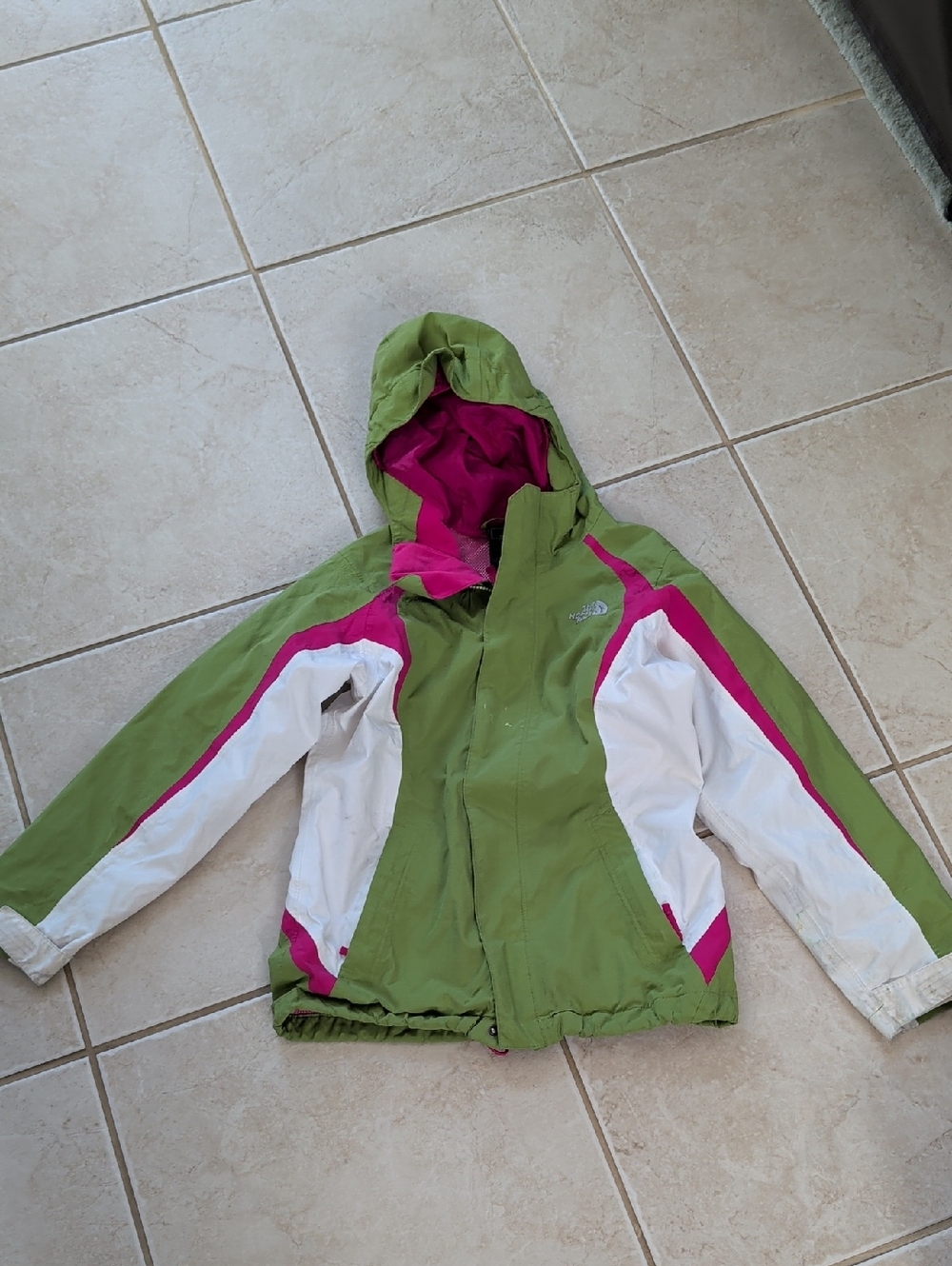 The North Face Kids Green, White & Pink Hooded Rain Jacket Girl Size 10